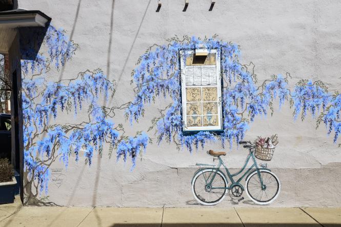 A mural of a bike covered in blue flowers in Annapolis