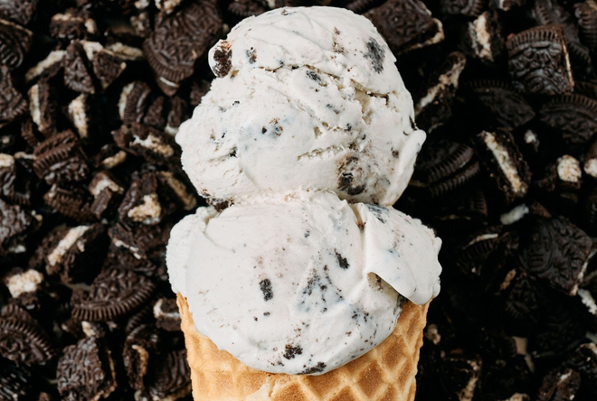 Cookies and Cream ice cream cone at Blue Cow Ice Cream