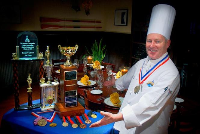 Chef McKnew and all of his awards for his cream of crab soup.