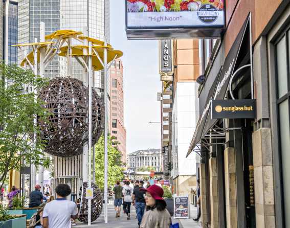 The "Aspen Grove Climber" is a suspended play pod resembling a giant bird's nest that kids can climb into on Denver's 16th Street.