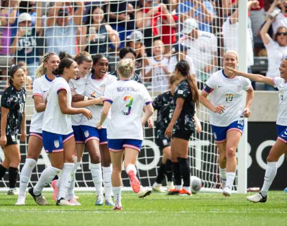 US Women's National Team celebrate during their 2024 game