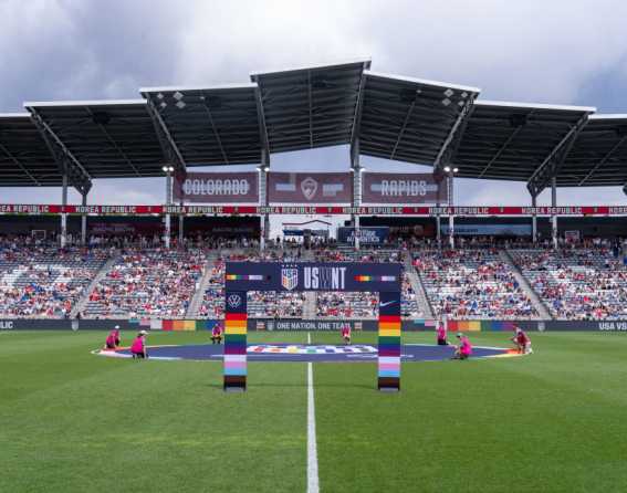 The entrance of the field is decorated for Pride during the US Women's National Team 2024 game
