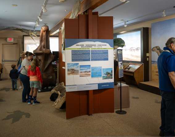 Visitors explore the exhibit hall at Dinosaur Ridge near Denver, Colorado.