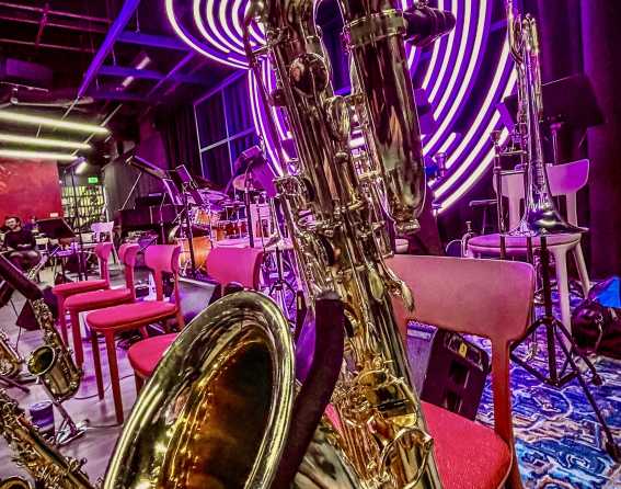 Brass instruments at the Dazzle jazz club in Denver, Colorado.