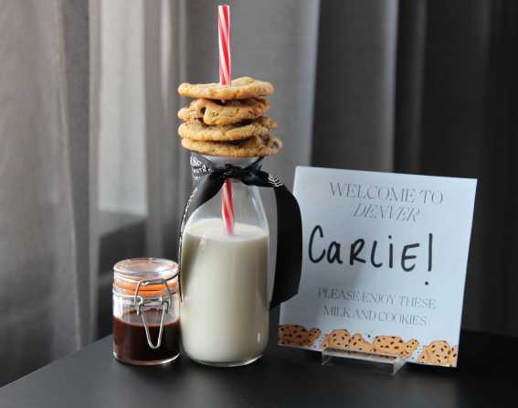 Milk and cookies along with a personalized card at the Four Seasons Hotel Denver.