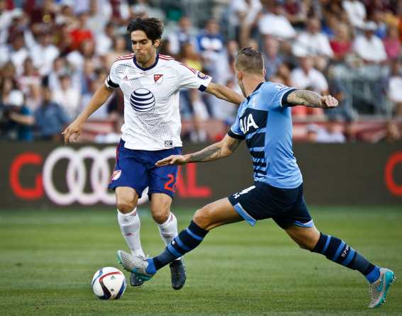 Two players battle for the ball at MLS All-Star Game 2015