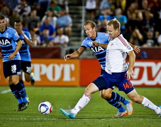 Three players battle for the ball at the MLS All-Star Game 2015 in Denver
