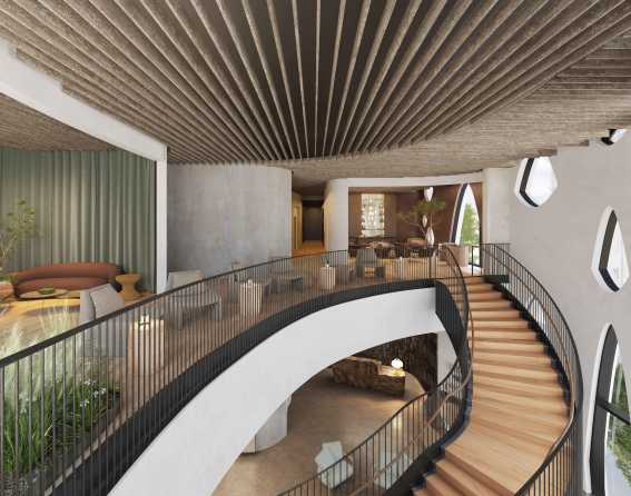 A view of the curved steps and mezzanine at the Populus Hotel in Denver, Colorado.