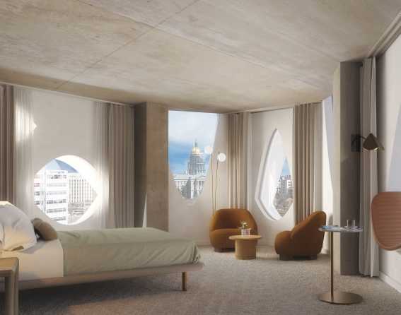 Interior of a suite with a Capitol view at the Populus Hotel in Denver, Colorado.