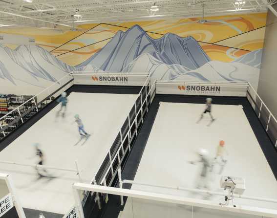 Overlooking Snobahn indoor slope simulator for training people how to ski and snowboard.