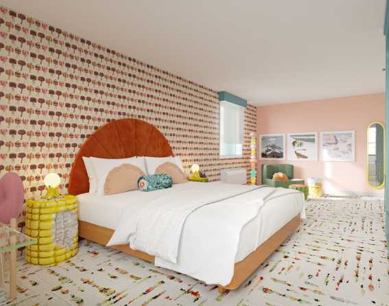 A hyper-themed signature suite with a night sky and glow-in-the-dark stars at The Curtis – a DoubleTree by Hilton.