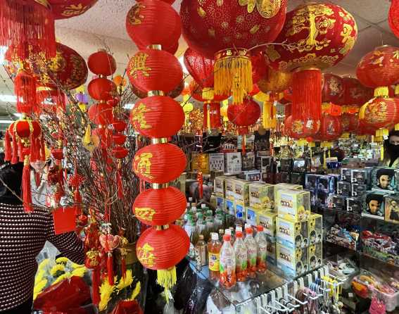 Hanging paper lanterns and other gifts on display at Truong An Gifts in Denver, Colorado.