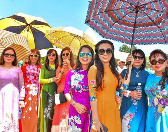 A group of women attendees at the Dragon Boat Festival in Denver, Colorado