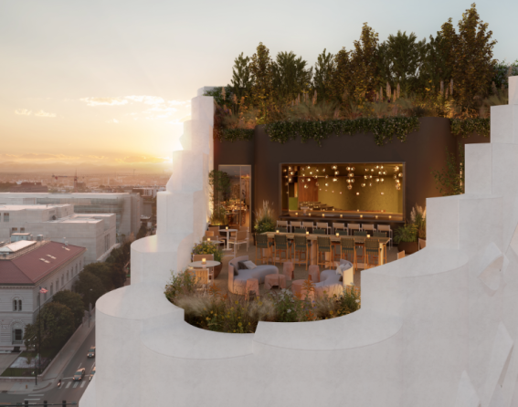 Outdoor patio on the roof of the Populus Hotel in Denver, Colorado.