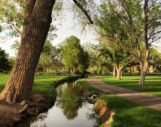 A water canal and big trees at Washington Park in Denver, Colorado.