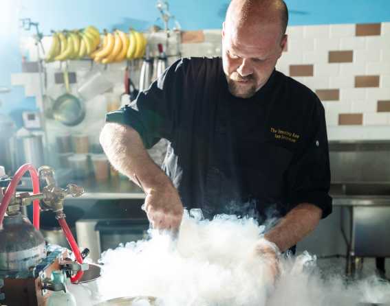 Ian Kleinman of The Inventing Room in Denver, Colorado, is making desserts with liquid nitrogen.