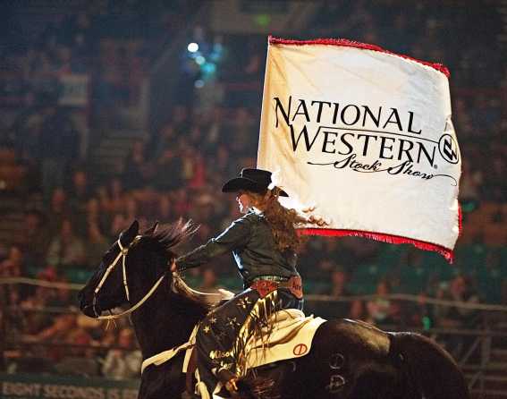 A cowpoke rides a horse with a flag at the National Western Stock Show in Denver