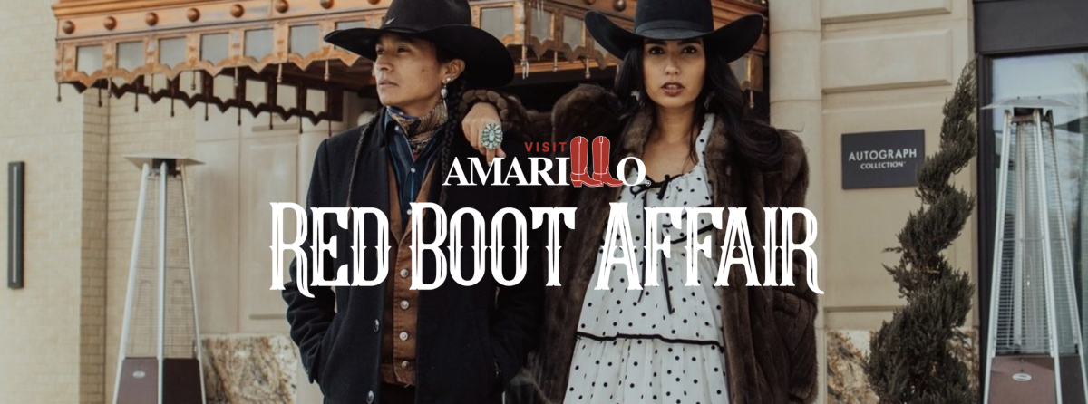 A stylish couple stands outside a luxury hotel in downtown Amarillo, dressed in Western black tie attire—cowboy hats, layered accessories, and a fur coat—capturing the bold, fashion-forward spirit of the Red Boot Affair.