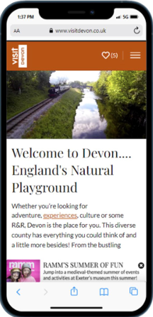 The Visit Devon website loaded on a mobile device.