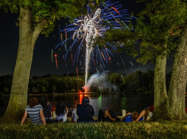 View of the fireworks at the Columbia Lakefront