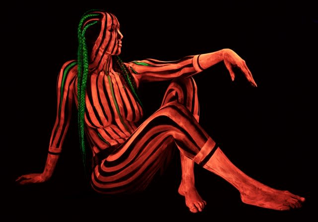 Stylized seated figure on a black background, painted in flowing red and green anatomical stripes, gazing right with a dramatic, surreal mood.