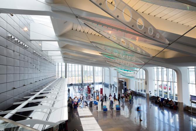 A bird's eye view overseeing passengers waiting to check in at the remodeled terminal in Wichita