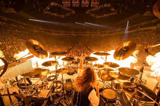 View from behind the drummer for TSO looking out at large crowd