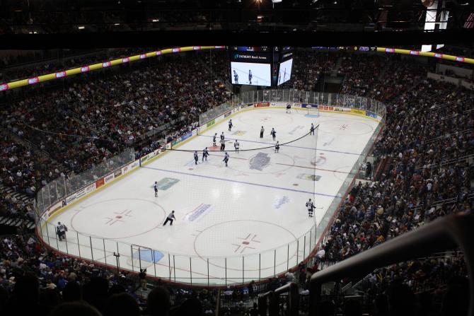 A full arena watches a Wichita Thunder ice hockey game