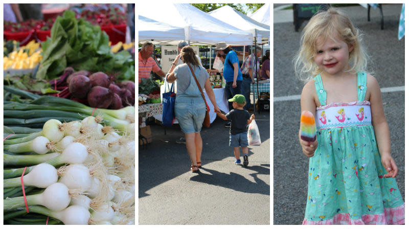 A picture collage of produce and families enjoying the Greene Street Market in Huntsville, AL