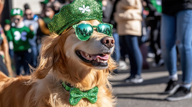 Dog with green hat, sunglasses, and bow tie.