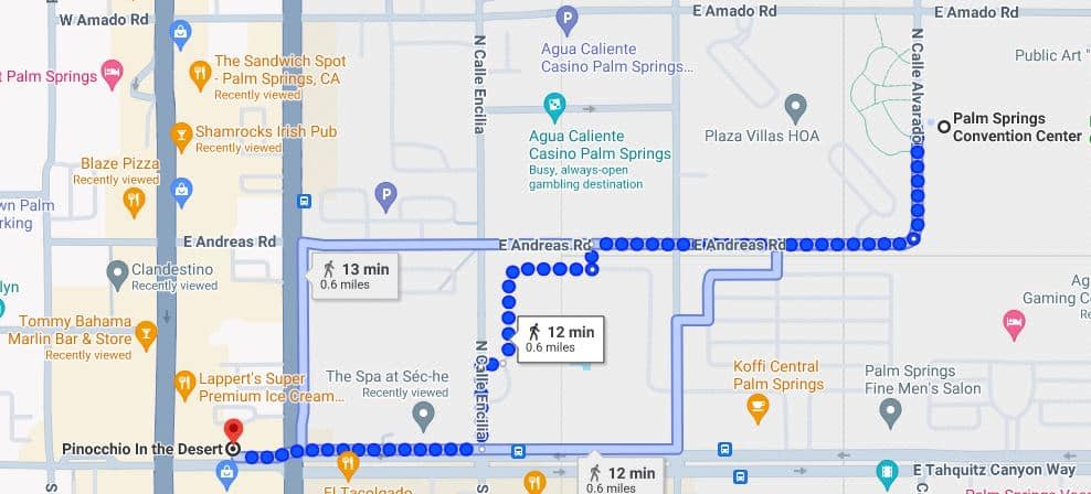 A screenshot of a digital map displaying walking directions with estimated times and distances between points of interest in a downtown Palm Springs area.