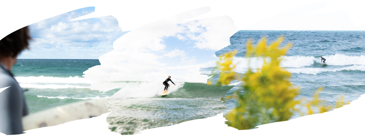 A surfer on Lake Superior in summer