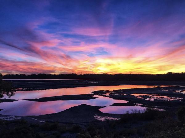 Vibrant sunset over the Falls of the Ohio in Clarksville, Indiana, with brilliant pink, purple, orange and yellow clouds reflecting in pools of water along the exposed fossil beds of the Ohio River.