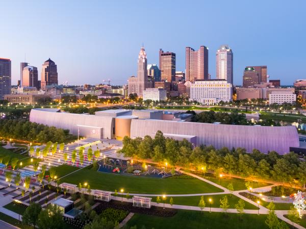 A view of COSI science museum with the Columbus skyline