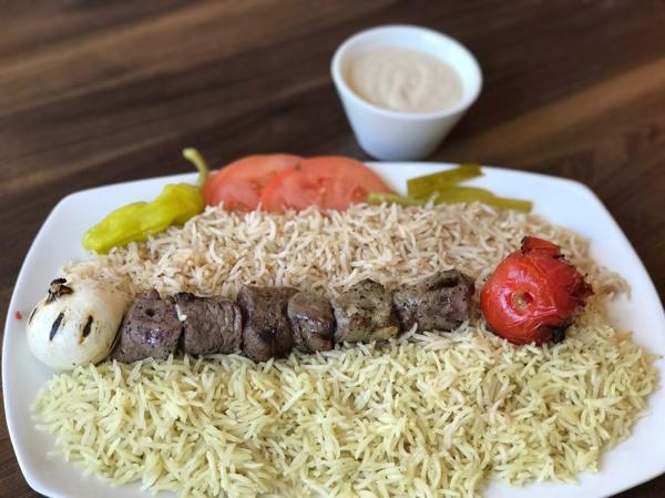 Steak Shish Kabab On Rice From Ouzi Mediterranean Grill In Irving, TX