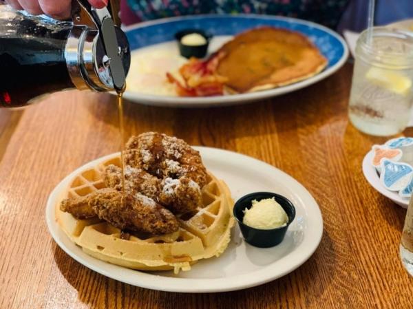 A plate of chicken and waffles at The Depot in Leavenworth