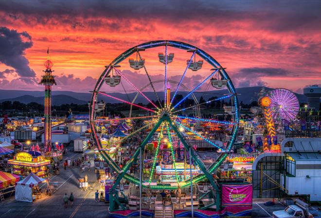 View of the Ferris wheel at dusk at the Salem Fair