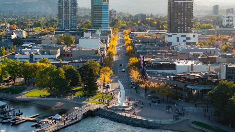 Bernard Avenue Downtown Kelowna during Fall Aerial 3