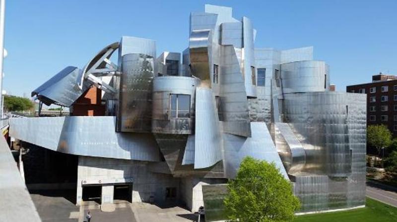 The uniquely shaped, metal exterior of the Weisman Art Museum
