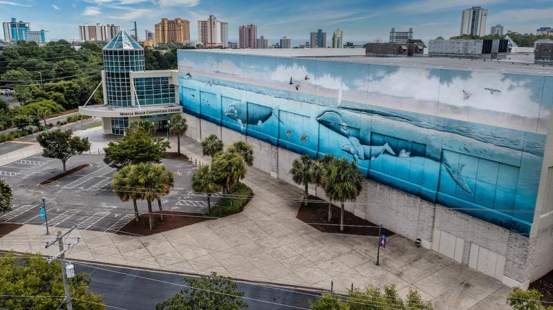 Aerial shot of the whale mural at the Myrtle Beach Convention Center