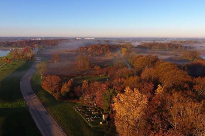 Lake Andrea Fall Drone Picture of lake and community gardens