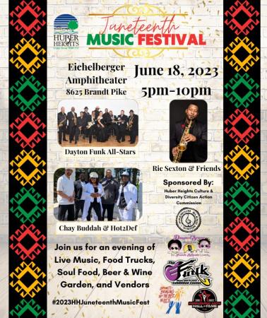 A promotional poster for the Juneteenth Music Festival at the Eichelberger Amphitheater in Huber Heights