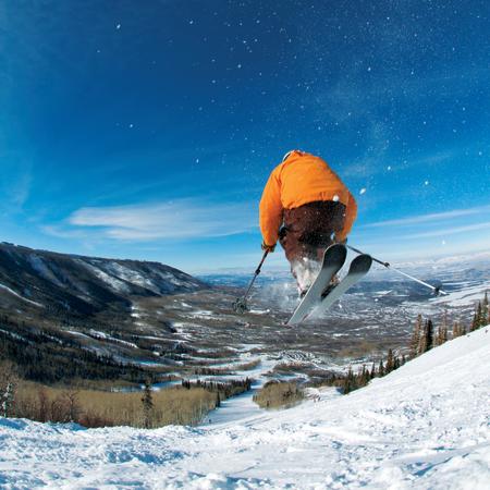 Skier jumping at Powderhorn Mountain Resort