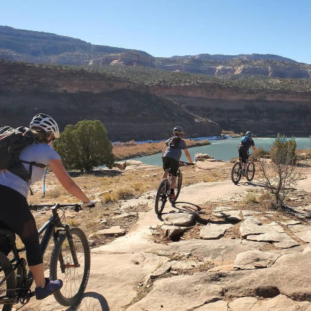 Three people riding bikes in the winter
