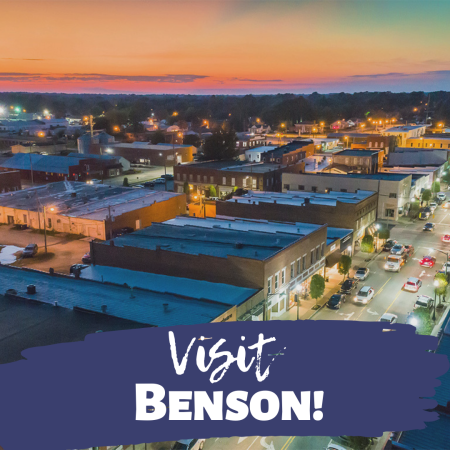 Visit Benson banner ad promoting the small town charm and skyline of Benson, NC.