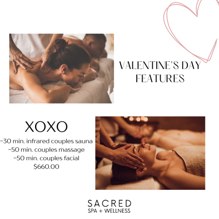 Valentines day flyer with specials for a spa, two graphics of people getting a massage