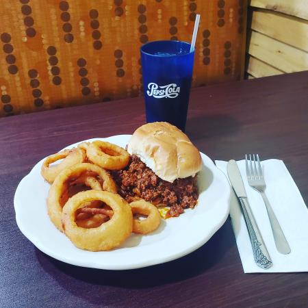 A pulled pork sandwich and onion rings at Tucci’s Family Diner in Seneca County, NY.