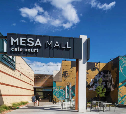 View of the Mesa Mall Cafe Court Entrance and Mural