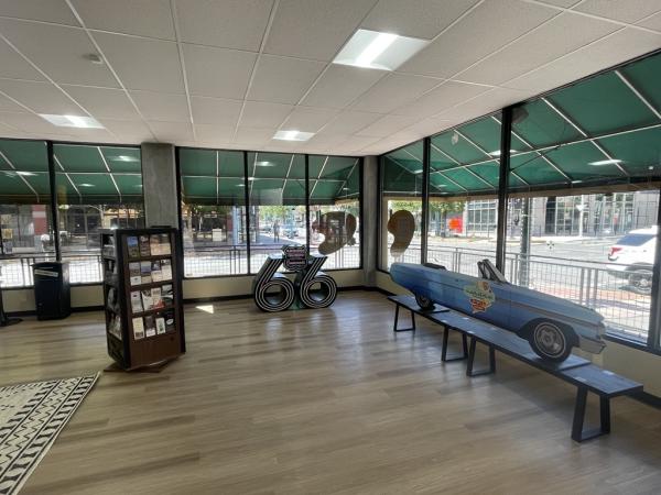 A photo of the interior of the Route 66 Information Station looking out the windows onto 4th Street and Central Ave.