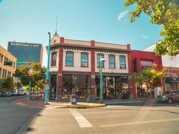 Street view of the 1909 Yrisarri Building on Central Avenue and 4th Street, where Route 66 crosses itself.